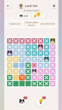 Meowdoku Level 164 step 5 screenshot showing the cat placement at E6 with 5 of 8 cats visible on the board.