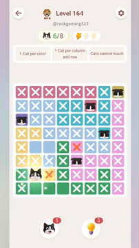 Meowdoku Level 164 step 6 screenshot showing the cat placement at B7 with 6 of 8 cats visible on the board.