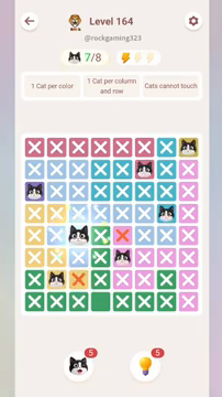 Meowdoku Level 164 step 7 screenshot showing the cat placement at C5 with 7 of 8 cats visible on the board.