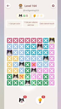 Meowdoku Level 164 step 8 screenshot showing the cat placement at D8 with 8 of 8 cats visible on the board.