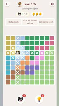 Meowdoku Level 165 step 1 screenshot showing the cat placement at C4 with 1 of 10 cats visible on the board.
