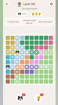 Meowdoku Level 165 step 2 screenshot showing the cat placement at A7 with 2 of 10 cats visible on the board.