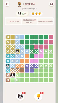 Meowdoku Level 165 step 3 screenshot showing the cat placement at B9 with 3 of 10 cats visible on the board.