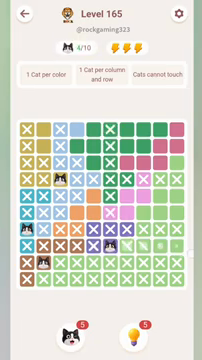 Meowdoku Level 165 step 4 screenshot showing the cat placement at F8 with 4 of 10 cats visible on the board.
