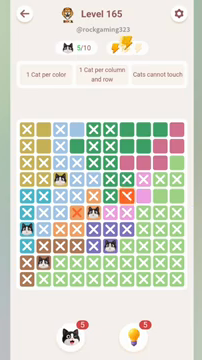 Meowdoku Level 165 step 5 screenshot showing the cat placement at E6 with 5 of 10 cats visible on the board.