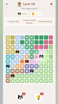 Meowdoku Level 165 step 6 screenshot showing the cat placement at H5 with 6 of 10 cats visible on the board.