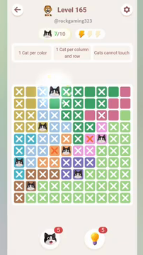 Meowdoku Level 165 step 7 screenshot showing the cat placement at D1 with 7 of 10 cats visible on the board.