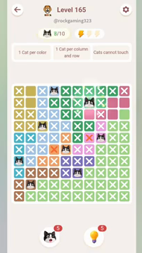 Meowdoku Level 165 step 8 screenshot showing the cat placement at G2 with 8 of 10 cats visible on the board.