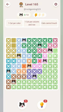 Meowdoku Level 165 step 9 screenshot showing the cat placement at I3 with 9 of 10 cats visible on the board.