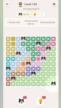 Meowdoku Level 165 step 10 screenshot showing the cat placement at J10 with 10 of 10 cats visible on the board.