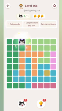 Meowdoku Level 166 step 1 screenshot showing the cat placement at C1 with 1 of 8 cats visible on the board.