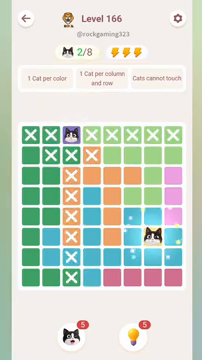 Meowdoku Level 166 step 2 screenshot showing the cat placement at G6 with 2 of 8 cats visible on the board.