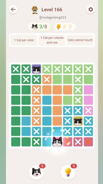 Meowdoku Level 166 step 3 screenshot showing the cat placement at E8 with 3 of 8 cats visible on the board.