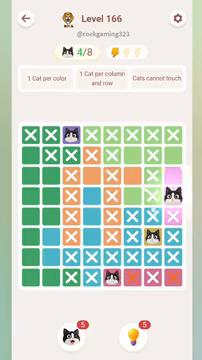 Meowdoku Level 166 step 4 screenshot showing the cat placement at H4 with 4 of 8 cats visible on the board.