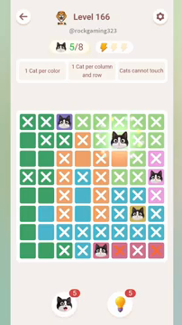 Meowdoku Level 166 step 5 screenshot showing the cat placement at F2 with 5 of 8 cats visible on the board.