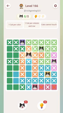 Meowdoku Level 166 step 6 screenshot showing the cat placement at D3 with 6 of 8 cats visible on the board.