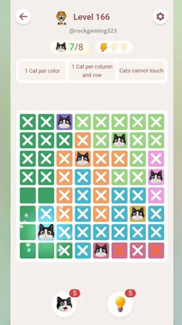 Meowdoku Level 166 step 7 screenshot showing the cat placement at B7 with 7 of 8 cats visible on the board.
