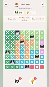 Meowdoku Level 166 step 8 screenshot showing the cat placement at A5 with 8 of 8 cats visible on the board.