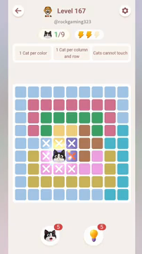 Meowdoku Level 167 step 1 screenshot showing the cat placement at D6 with 1 of 9 cats visible on the board.