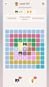 Meowdoku Level 167 step 2 screenshot showing the cat placement at E4 with 2 of 9 cats visible on the board.