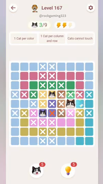 Meowdoku Level 167 step 3 screenshot showing the cat placement at G5 with 3 of 9 cats visible on the board.