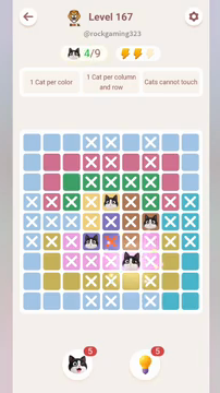 Meowdoku Level 167 step 4 screenshot showing the cat placement at F7 with 4 of 9 cats visible on the board.