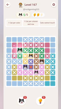 Meowdoku Level 167 step 5 screenshot showing the cat placement at C3 with 5 of 9 cats visible on the board.