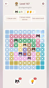 Meowdoku Level 167 step 6 screenshot showing the cat placement at H2 with 6 of 9 cats visible on the board.