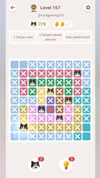 Meowdoku Level 167 step 7 screenshot showing the cat placement at B8 with 7 of 9 cats visible on the board.