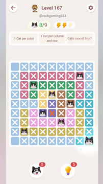 Meowdoku Level 167 step 8 screenshot showing the cat placement at I9 with 8 of 9 cats visible on the board.