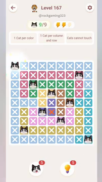 Meowdoku Level 167 step 9 screenshot showing the cat placement at A1 with 9 of 9 cats visible on the board.