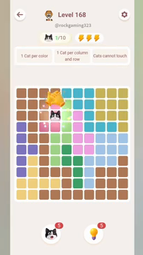 Meowdoku Level 168 step 1 screenshot showing the cat placement at D3 with 1 of 10 cats visible on the board.