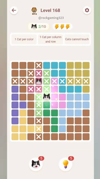 Meowdoku Level 168 step 2 screenshot showing the cat placement at E5 with 2 of 10 cats visible on the board.