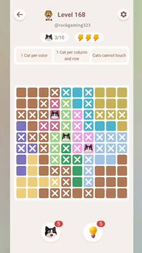Meowdoku Level 168 step 3 screenshot showing the cat placement at G6 with 3 of 10 cats visible on the board.