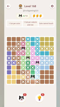 Meowdoku Level 168 step 4 screenshot showing the cat placement at F9 with 4 of 10 cats visible on the board.
