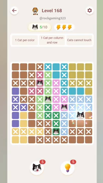 Meowdoku Level 168 step 5 screenshot showing the cat placement at I7 with 5 of 10 cats visible on the board.
