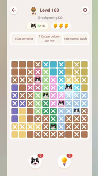 Meowdoku Level 168 step 6 screenshot showing the cat placement at H4 with 6 of 10 cats visible on the board.