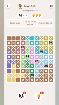 Meowdoku Level 168 step 7 screenshot showing the cat placement at J2 with 7 of 10 cats visible on the board.