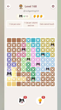 Meowdoku Level 168 step 8 screenshot showing the cat placement at A8 with 8 of 10 cats visible on the board.