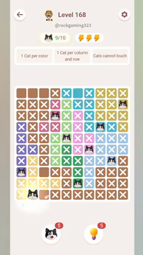 Meowdoku Level 168 step 9 screenshot showing the cat placement at B10 with 9 of 10 cats visible on the board.