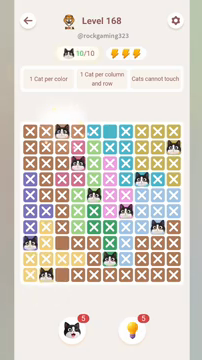Meowdoku Level 168 step 10 screenshot showing the cat placement at C1 with 10 of 10 cats visible on the board.