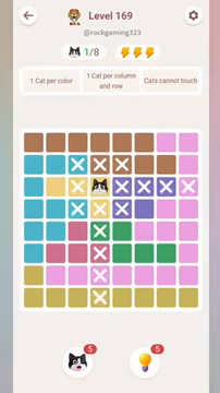 Meowdoku Level 169 step 1 screenshot showing the cat placement at D3 with 1 of 8 cats visible on the board.