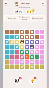 Meowdoku Level 169 step 2 screenshot showing the cat placement at F4 with 2 of 8 cats visible on the board.