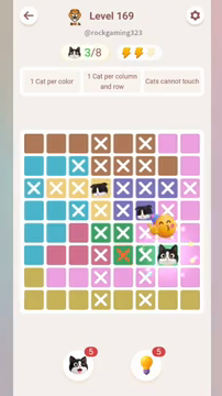 Meowdoku Level 169 step 3 screenshot showing the cat placement at G6 with 3 of 8 cats visible on the board.