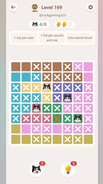 Meowdoku Level 169 step 4 screenshot showing the cat placement at C5 with 4 of 8 cats visible on the board.