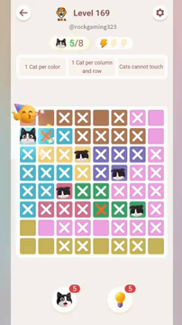 Meowdoku Level 169 step 5 screenshot showing the cat placement at A2 with 5 of 8 cats visible on the board.