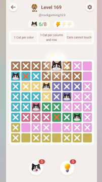 Meowdoku Level 169 step 6 screenshot showing the cat placement at E1 with 6 of 8 cats visible on the board.