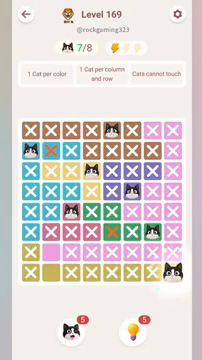 Meowdoku Level 169 step 7 screenshot showing the cat placement at H8 with 7 of 8 cats visible on the board.