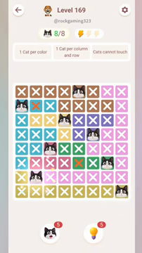 Meowdoku Level 169 step 8 screenshot showing the cat placement at B7 with 8 of 8 cats visible on the board.