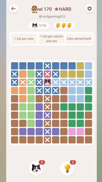 Meowdoku Level 170 step 1 screenshot showing the cat placement at E3 with 1 of 10 cats visible on the board.